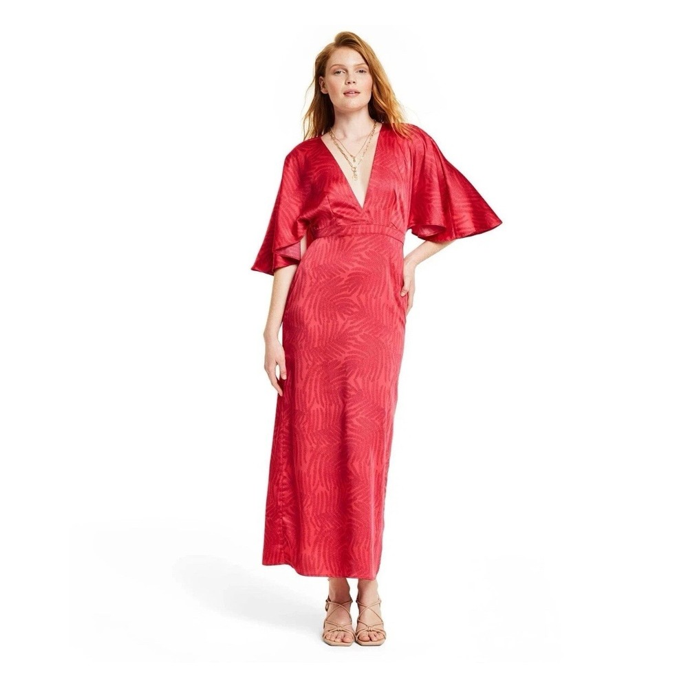 Fe Noel Women's Palm Leaf Exaggerated Flutter Sleeve Maxi Dress Size 14 V Neck